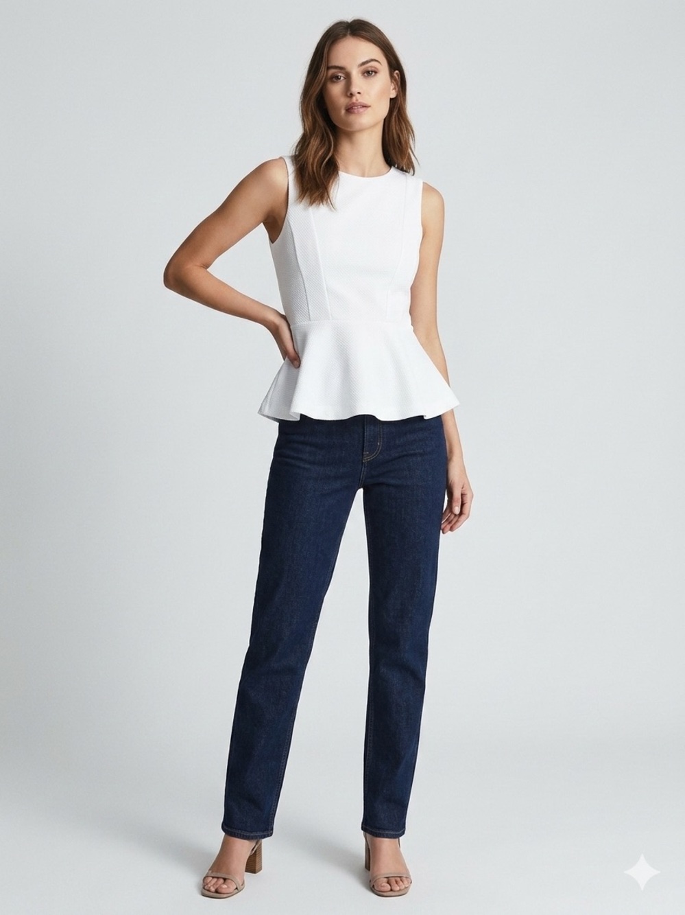 H&M White Textured Sleeveless Peplum Tank